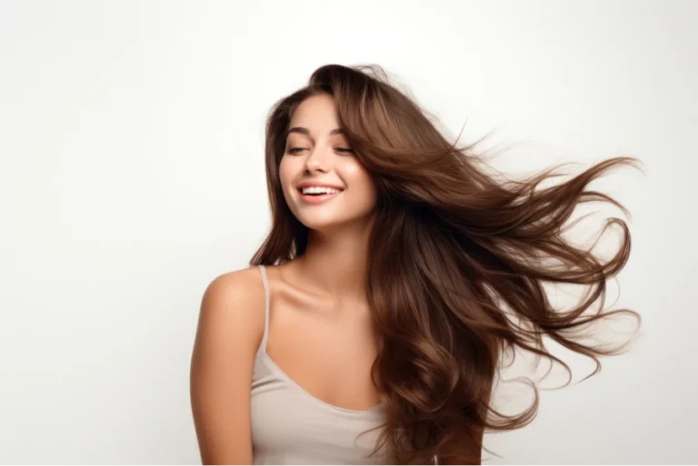 Woman with flawless long hair styled using a salon-quality hair dryer with ion technology.