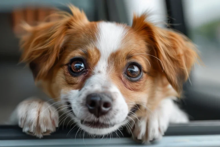 Small cute dog looking out of a car window.